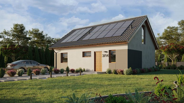 ERDOL 1 XL - Version Links (Wohnzimmer auf der linken Seite) - Satteldach mit Dachgeschoss -Dachneigung 35 Grad - Treppe in Treppenhaus - Dachfenster für Zimmer und Badezimmer - Bodentiefe Fenster im Dachgeschoss - Styropor, Netz, Kleber - Goldene Eiche - Photovoltaik-Installation 6,4 kWp (16 Paneele)