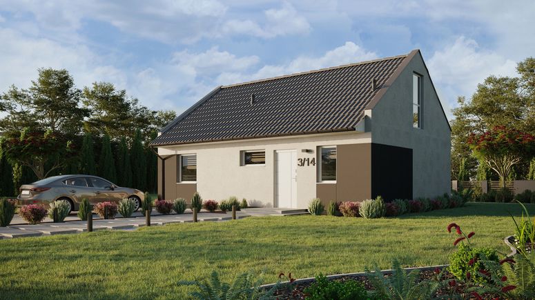 ERDOL 1 XL - Version Links (Wohnzimmer auf der linken Seite) - Modernes Satteldach mit Dachgeschoss -Dachneigung 35 Grad - Treppe in Treppenhaus - keine Dachfenster - Balkontür im Esszimmer und Bodentiefe Fenster im Dachgeschoss - Styropor, Netz, Kleber - Weiß - Ohne