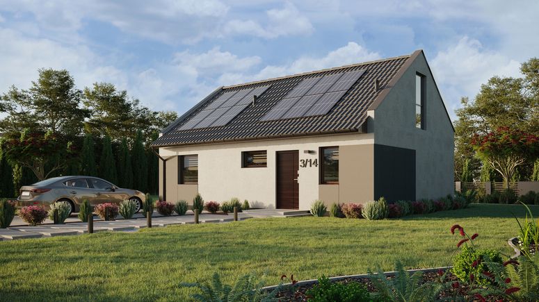 ERDOL 1 XL - Version Links (Wohnzimmer auf der linken Seite) - Modernes Satteldach mit Dachgeschoss -Dachneigung 35 Grad - Treppe in Treppenhaus - Dachfenster für Zimmer und Badezimmer - Bodentiefe Fenster im Dachgeschoss - Styropor, Netz, Kleber - Nusbaum - Photovoltaik-Installation 4,8 kWp (12 Paneele)