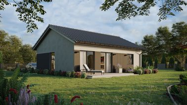 ERDOL 1 XL - Version Rechts (Wohnzimmer auf der rechten Seite) - Satteldach ohne Dachgeschoss - Dachneigung 25 Grad - keine Dachfenster - Balkontür im Esszimmer - Styropor, Netz, Kleber - Anthrazit - Ohne