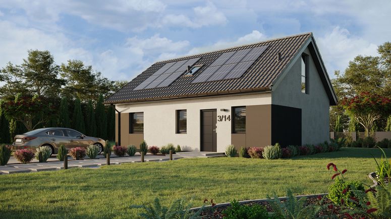 ERDOL 1 XL - Version Links (Wohnzimmer auf der linken Seite) - Satteldach mit Dachgeschoss -Dachneigung 35 Grad - Treppe im Wohnzimmer - Dachfenster für Zimmer und Badezimmer - Balkontür im Esszimmer und Bodentiefe Fenster im Dachgeschoss - Styropor, Netz, Kleber - Anthrazit - Photovoltaik-Installation 4,8 kWp (12 Paneele)