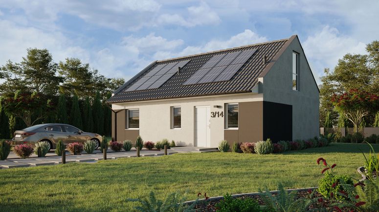 ERDOL 1 XL - Version Links (Wohnzimmer auf der linken Seite) - Modernes Satteldach mit Dachgeschoss -Dachneigung 35 Grad - Treppe im Wohnzimmer - keine Dachfenster - Bodentiefe Fenster im Dachgeschoss - Styropor, Netz, Kleber - Weiß - Photovoltaik-Installation 4,8 kWp (12 Paneele)