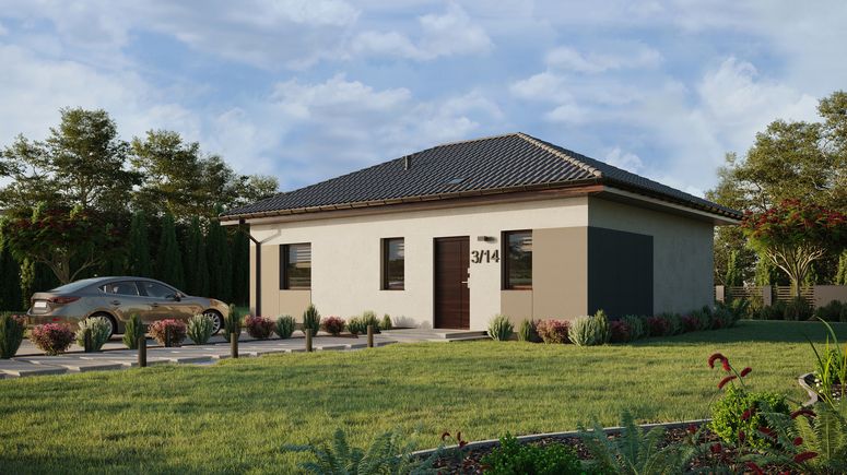 ERDOL 1 XL - Version Links (Wohnzimmer auf der linken Seite) - Walmdach ohne Dachgeschoss- Dachneigung 25 Grad - Starres Tunneldachfenster - Balkontür im Esszimmer - Styropor, Netz, Kleber - Nusbaum