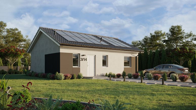 ERDOL 1 XL - Version Rechts (Wohnzimmer auf der rechten Seite) - Satteldach ohne Dachgeschoss - Dachneigung 25 Grad - keine Dachfenster - Standard - Styropor, Netz, Kleber - Weiß - Photovoltaik-Installation 6,4 kWp (16 Paneele)