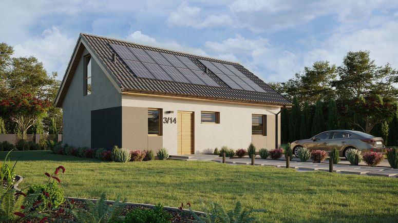 ERDOL 1 XL - Version Rechts (Wohnzimmer auf der rechten Seite) - Satteldach mit Dachgeschoss -Dachneigung 35 Grad - Treppe in Treppenhaus - Dachfenster für Zimmer und Badezimmer - Balkontür im Esszimmer und Bodentiefe Fenster im Dachgeschoss - Styropor, Netz, Kleber - Winchester - Photovoltaik-Installation 6,4 kWp (16 Paneele)