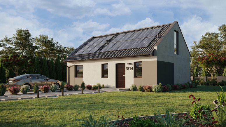 ERDOL 1 XL - Version Links (Wohnzimmer auf der linken Seite) - Modernes Satteldach mit Dachgeschoss -Dachneigung 35 Grad - Treppe im Wohnzimmer - keine Dachfenster - Bodentiefe Fenster im Dachgeschoss - Styropor, Netz, Kleber - Nusbaum - Photovoltaik-Installation 6,4 kWp (16 Paneele)