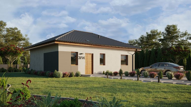 ERDOL 1 XL - Version Rechts (Wohnzimmer auf der rechten Seite) - Walmdach ohne Dachgeschoss- Dachneigung 25 Grad - Starres Tunneldachfenster - Standard - Styropor, Netz, Kleber - Goldene Eiche