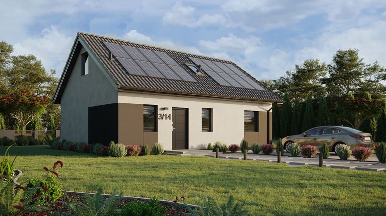 ERDOL 1 XL - Version Rechts (Wohnzimmer auf der rechten Seite) - Satteldach mit Dachgeschoss -Dachneigung 35 Grad - Treppe im Wohnzimmer - Dachfenster für Zimmer und Badezimmer - Standard - Styropor, Netz, Kleber - Anthrazit - Photovoltaik-Installation 6,4 kWp (16 Paneele)