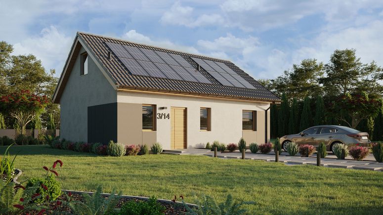 ERDOL 1 XL - Version Rechts (Wohnzimmer auf der rechten Seite) - Satteldach mit Dachgeschoss -Dachneigung 35 Grad - Treppe im Wohnzimmer - keine Dachfenster - Standard - Styropor, Netz, Kleber - Winchester - Photovoltaik-Installation 6,4 kWp (16 Paneele)