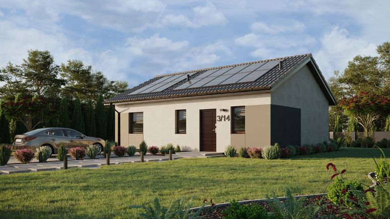 ERDOL 1 XL - Version Links (Wohnzimmer auf der linken Seite) - Satteldach ohne Dachgeschoss - Dachneigung 25 Grad - keine Dachfenster - Standard - Styropor, Netz, Kleber - Nusbaum - Photovoltaik-Installation 6,4 kWp (16 Paneele)