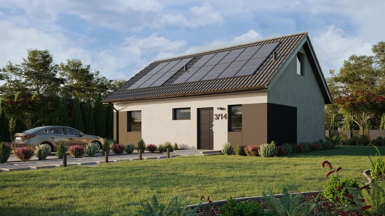 ERDOL 1 XL - Version Links (Wohnzimmer auf der linken Seite) - Satteldach mit Dachgeschoss -Dachneigung 35 Grad - Treppe in Treppenhaus - Dachfenster für Zimmer und Badezimmer - Standard - Styropor, Netz, Kleber - Anthrazit - Photovoltaik-Installation 6,4 kWp (16 Paneele)