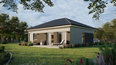 ERDOL 1 XL - Version Links (Wohnzimmer auf der linken Seite) - Walmdach ohne Dachgeschoss- Dachneigung 25 Grad - keine Dachfenster - Balkontür im Esszimmer - Styropor, Netz, Kleber - Weiß