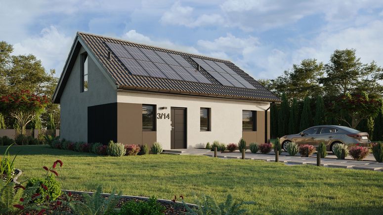 ERDOL 1 XL - Version Rechts (Wohnzimmer auf der rechten Seite) - Satteldach mit Dachgeschoss -Dachneigung 35 Grad - Treppe im Wohnzimmer - Zwei-Zimmer-Dachfenster - Bodentiefe Fenster im Dachgeschoss - Styropor, Netz, Kleber - Anthrazit - Photovoltaik-Installation 6,4 kWp (16 Paneele)