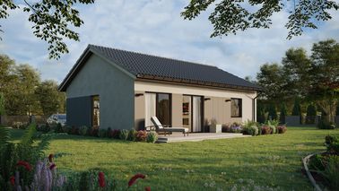 ERDOL 1 XL - Version Rechts (Wohnzimmer auf der rechten Seite) - Satteldach ohne Dachgeschoss - Dachneigung 25 Grad - keine Dachfenster - Balkontür im Esszimmer - Styropor, Netz, Kleber - Nusbaum - Ohne