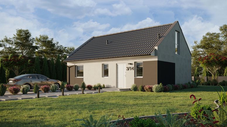 ERDOL 1 XL - Version Links (Wohnzimmer auf der linken Seite) - Modernes Satteldach mit Dachgeschoss -Dachneigung 35 Grad - Treppe im Wohnzimmer - Zwei-Zimmer-Dachfenster - Balkontür im Esszimmer und Bodentiefe Fenster im Dachgeschoss - Styropor, Netz, Kleber - Weiß - Ohne