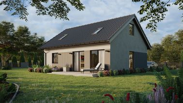 ERDOL 1 XL - Version Links (Wohnzimmer auf der linken Seite) - Satteldach mit Dachgeschoss -Dachneigung 35 Grad - Treppe in Treppenhaus - Zwei-Zimmer-Dachfenster - Balkontür im Esszimmer - Styropor, Netz, Kleber - Nusbaum - Ohne