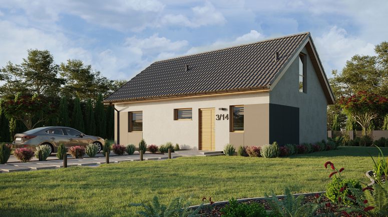 ERDOL 1 XL - Version Links (Wohnzimmer auf der linken Seite) - Satteldach mit Dachgeschoss -Dachneigung 35 Grad - Treppe in Treppenhaus - Zwei-Zimmer-Dachfenster - Balkontür im Esszimmer und Bodentiefe Fenster im Dachgeschoss - Styropor, Netz, Kleber - Winchester - Ohne