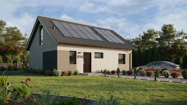 ERDOL 1 XL - Version Rechts (Wohnzimmer auf der rechten Seite) - Satteldach mit Dachgeschoss -Dachneigung 35 Grad - Treppe in Treppenhaus - Dachfenster für Zimmer und Badezimmer - Balkontür im Esszimmer und Bodentiefe Fenster im Dachgeschoss - Styropor, Netz, Kleber - Nusbaum - Photovoltaik-Installation 6,4 kWp (16 Paneele)