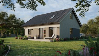 ERDOL 1 XL - Version Links (Wohnzimmer auf der linken Seite) - Satteldach mit Dachgeschoss -Dachneigung 35 Grad - Treppe im Wohnzimmer - Dachfenster für Zimmer und Badezimmer - Standard - Styropor, Netz, Kleber - Nusbaum - Ohne