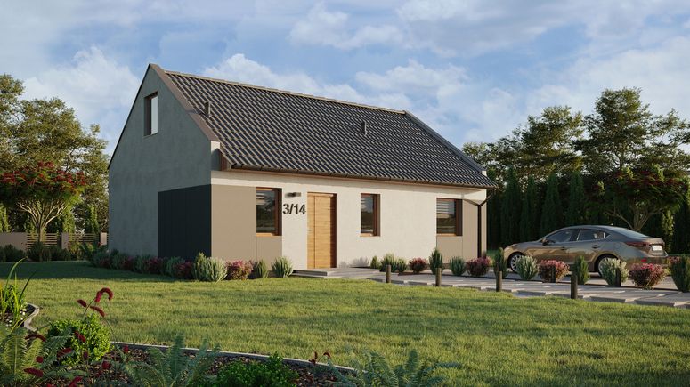 ERDOL 1 XL - Version Rechts (Wohnzimmer auf der rechten Seite) - Modernes Satteldach mit Dachgeschoss -Dachneigung 35 Grad - Treppe im Wohnzimmer - keine Dachfenster - Balkontür im Esszimmer - Styropor, Netz, Kleber - Goldene Eiche - Ohne