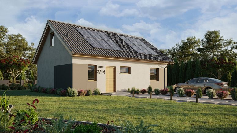 ERDOL 1 XL - Version Rechts (Wohnzimmer auf der rechten Seite) - Satteldach mit Dachgeschoss -Dachneigung 35 Grad - Treppe in Treppenhaus - keine Dachfenster - Standard - Styropor, Netz, Kleber - Winchester - Photovoltaik-Installation 4,8 kWp (12 Paneele)