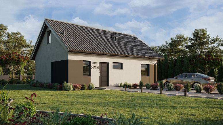 ERDOL 1 XL - Version Rechts (Wohnzimmer auf der rechten Seite) - Satteldach mit Dachgeschoss -Dachneigung 35 Grad - Treppe in Treppenhaus - keine Dachfenster - Standard - Styropor, Netz, Kleber - Anthrazit - Ohne