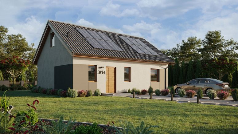 ERDOL 1 XL - Version Rechts (Wohnzimmer auf der rechten Seite) - Satteldach mit Dachgeschoss -Dachneigung 35 Grad - Treppe im Wohnzimmer - Zwei-Zimmer-Dachfenster - Balkontür im Esszimmer - Styropor, Netz, Kleber - Goldene Eiche - Photovoltaik-Installation 4,8 kWp (12 Paneele)