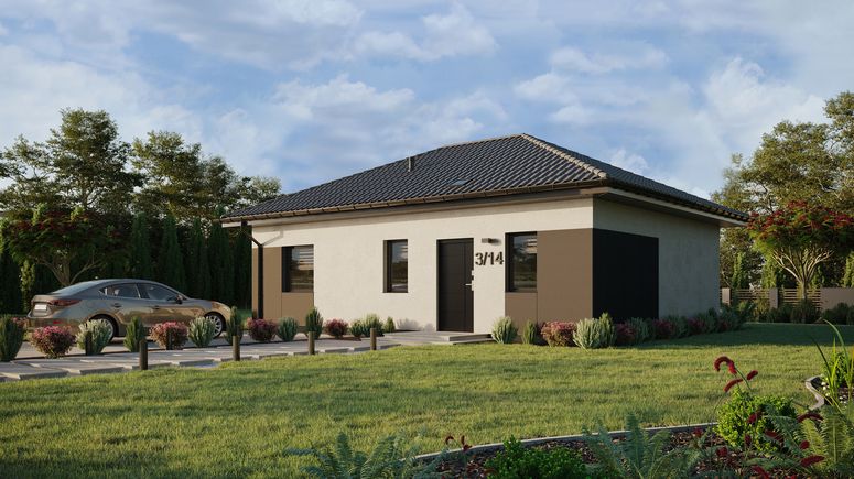 ERDOL 1 XL - Version Links (Wohnzimmer auf der linken Seite) - Walmdach ohne Dachgeschoss- Dachneigung 25 Grad - Starres Tunneldachfenster - Balkontür im Esszimmer - Styropor, Netz, Kleber - Anthrazit