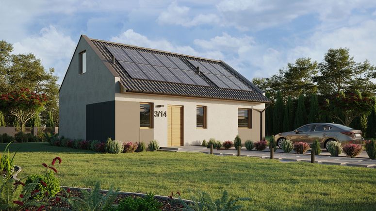 ERDOL 1 XL - Version Rechts (Wohnzimmer auf der rechten Seite) - Modernes Satteldach mit Dachgeschoss -Dachneigung 35 Grad - Treppe im Wohnzimmer - keine Dachfenster - Standard - Styropor, Netz, Kleber - Winchester - Photovoltaik-Installation 6,4 kWp (16 Paneele)