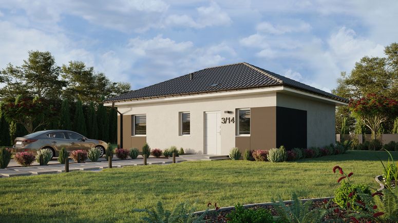 ERDOL 1 XL - Version Links (Wohnzimmer auf der linken Seite) - Walmdach ohne Dachgeschoss- Dachneigung 25 Grad - Starres Tunneldachfenster - Standard - Styropor, Netz, Kleber - Weiß