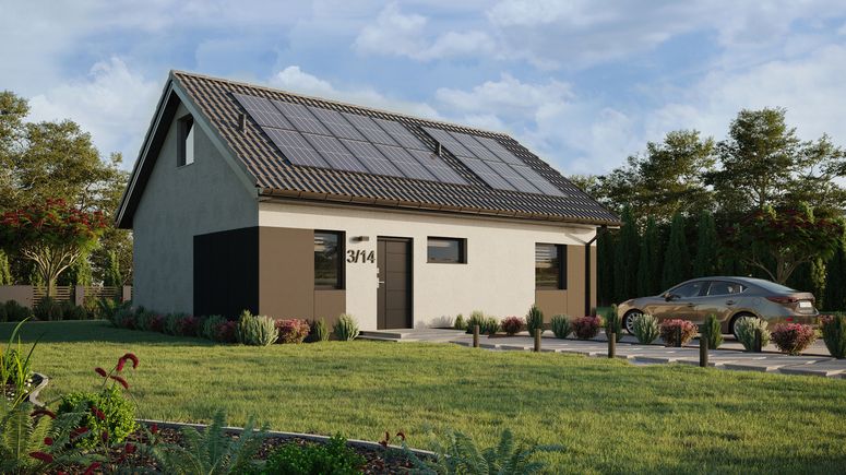 ERDOL 1 XL - Version Rechts (Wohnzimmer auf der rechten Seite) - Satteldach mit Dachgeschoss -Dachneigung 35 Grad - Treppe in Treppenhaus - keine Dachfenster - Standard - Styropor, Netz, Kleber - Anthrazit - Photovoltaik-Installation 6,4 kWp (16 Paneele)