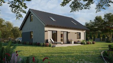 ERDOL 1 XL - Version Rechts (Wohnzimmer auf der rechten Seite) - Satteldach mit Dachgeschoss -Dachneigung 35 Grad - Treppe in Treppenhaus - Zwei-Zimmer-Dachfenster - Standard - Styropor, Netz, Kleber - Nusbaum - Ohne