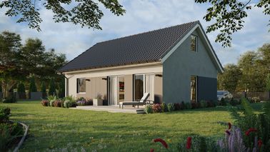 ERDOL 1 XL - Version Links (Wohnzimmer auf der linken Seite) - Satteldach mit Dachgeschoss -Dachneigung 35 Grad - Treppe in Treppenhaus - keine Dachfenster - Balkontür im Esszimmer - Styropor, Netz, Kleber - Weiß - Ohne