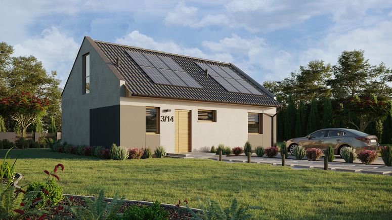 ERDOL 1 XL - Version Rechts (Wohnzimmer auf der rechten Seite) - Modernes Satteldach mit Dachgeschoss -Dachneigung 35 Grad - Treppe in Treppenhaus - keine Dachfenster - Balkontür im Esszimmer und Bodentiefe Fenster im Dachgeschoss - Styropor, Netz, Kleber - Winchester - Photovoltaik-Installation 4,8 kWp (12 Paneele)