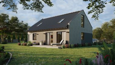 ERDOL 1 XL - Version Links (Wohnzimmer auf der linken Seite) - Modernes Satteldach mit Dachgeschoss -Dachneigung 35 Grad - Treppe im Wohnzimmer - Zwei-Zimmer-Dachfenster - Bodentiefe Fenster im Dachgeschoss - Styropor, Netz, Kleber - Nusbaum - Photovoltaik-Installation 6,4 kWp (16 Paneele)