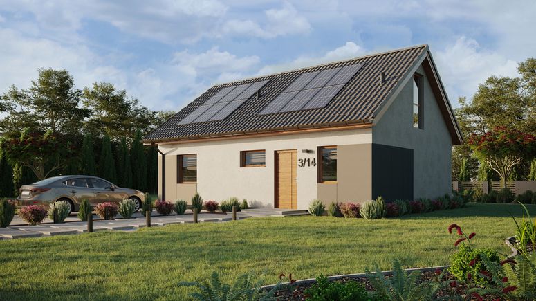 ERDOL 1 XL - Version Links (Wohnzimmer auf der linken Seite) - Satteldach mit Dachgeschoss -Dachneigung 35 Grad - Treppe in Treppenhaus - Dachfenster für Zimmer und Badezimmer - Balkontür im Esszimmer und Bodentiefe Fenster im Dachgeschoss - Styropor, Netz, Kleber - Goldene Eiche - Photovoltaik-Installation 4,8 kWp (12 Paneele)