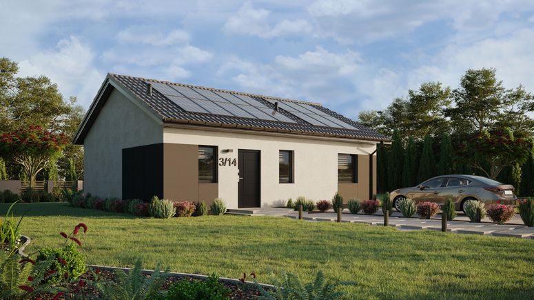 ERDOL 1 XL - Version Rechts (Wohnzimmer auf der rechten Seite) - Satteldach ohne Dachgeschoss - Dachneigung 25 Grad - keine Dachfenster - Standard - Styropor, Netz, Kleber - Anthrazit - Photovoltaik-Installation 6,4 kWp (16 Paneele)