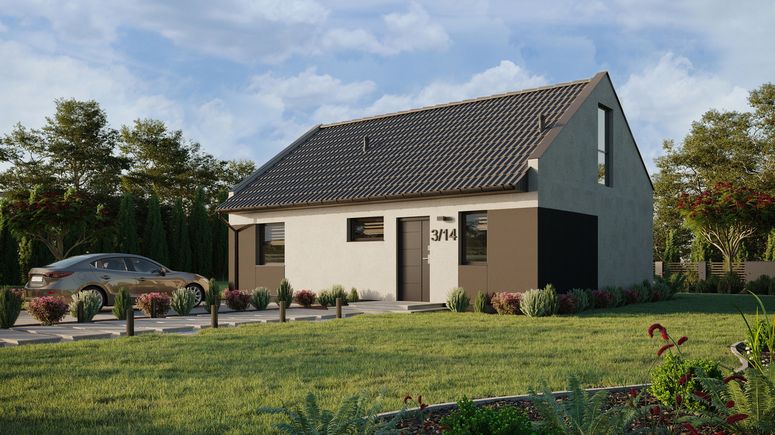 ERDOL 1 XL - Version Links (Wohnzimmer auf der linken Seite) - Modernes Satteldach mit Dachgeschoss -Dachneigung 35 Grad - Treppe in Treppenhaus - keine Dachfenster - Balkontür im Esszimmer und Bodentiefe Fenster im Dachgeschoss - Styropor, Netz, Kleber - Anthrazit - Ohne