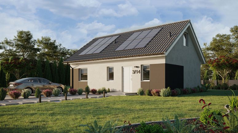 ERDOL 1 XL - Version Links (Wohnzimmer auf der linken Seite) - Satteldach mit Dachgeschoss -Dachneigung 35 Grad - Treppe im Wohnzimmer - keine Dachfenster - Standard - Styropor, Netz, Kleber - Weiß - Photovoltaik-Installation 4,8 kWp (12 Paneele)