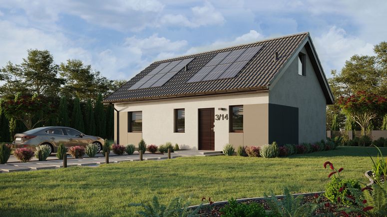 ERDOL 1 XL - Version Links (Wohnzimmer auf der linken Seite) - Satteldach mit Dachgeschoss -Dachneigung 35 Grad - Treppe im Wohnzimmer - Zwei-Zimmer-Dachfenster - Balkontür im Esszimmer - Styropor, Netz, Kleber - Nusbaum - Photovoltaik-Installation 4,8 kWp (12 Paneele)