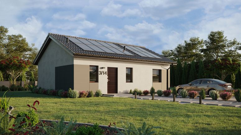 ERDOL 1 XL - Version Rechts (Wohnzimmer auf der rechten Seite) - Satteldach ohne Dachgeschoss - Dachneigung 25 Grad - keine Dachfenster - Standard - Styropor, Netz, Kleber - Nusbaum - Photovoltaik-Installation 6,4 kWp (16 Paneele)