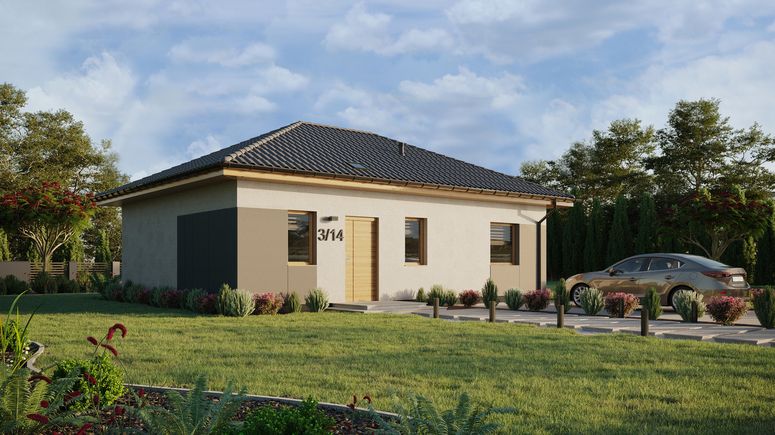 ERDOL 1 XL - Version Rechts (Wohnzimmer auf der rechten Seite) - Walmdach ohne Dachgeschoss- Dachneigung 25 Grad - Starres Tunneldachfenster - Standard - Styropor, Netz, Kleber - Winchester