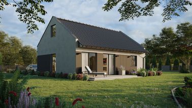 ERDOL 1 XL - Version Rechts (Wohnzimmer auf der rechten Seite) - Modernes Satteldach mit Dachgeschoss -Dachneigung 35 Grad - Treppe in Treppenhaus - keine Dachfenster - Balkontür im Esszimmer - Styropor, Netz, Kleber - Anthrazit - Ohne