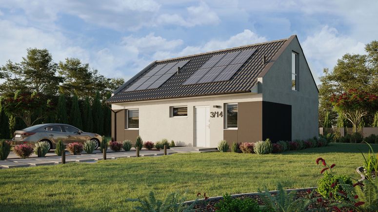 ERDOL 1 XL - Version Links (Wohnzimmer auf der linken Seite) - Modernes Satteldach mit Dachgeschoss -Dachneigung 35 Grad - Treppe in Treppenhaus - keine Dachfenster - Balkontür im Esszimmer und Bodentiefe Fenster im Dachgeschoss - Styropor, Netz, Kleber - Weiß - Photovoltaik-Installation 4,8 kWp (12 Paneele)