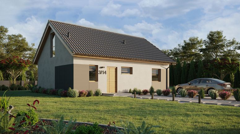 ERDOL 1 XL - Version Rechts (Wohnzimmer auf der rechten Seite) - Satteldach mit Dachgeschoss -Dachneigung 35 Grad - Treppe in Treppenhaus - keine Dachfenster - Balkontür im Esszimmer und Bodentiefe Fenster im Dachgeschoss - Styropor, Netz, Kleber - Winchester - Ohne