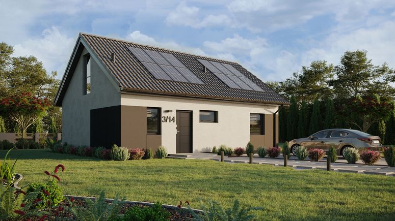 ERDOL 1 XL - Version Rechts (Wohnzimmer auf der rechten Seite) - Satteldach mit Dachgeschoss -Dachneigung 35 Grad - Treppe in Treppenhaus - Dachfenster für Zimmer und Badezimmer - Balkontür im Esszimmer und Bodentiefe Fenster im Dachgeschoss - Styropor, Netz, Kleber - Anthrazit - Photovoltaik-Installation 4,8 kWp (12 Paneele)