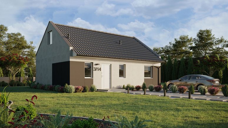 ERDOL 1 XL - Version Rechts (Wohnzimmer auf der rechten Seite) - Modernes Satteldach mit Dachgeschoss -Dachneigung 35 Grad - Treppe im Wohnzimmer - keine Dachfenster - Standard - Styropor, Netz, Kleber - Weiß - Ohne