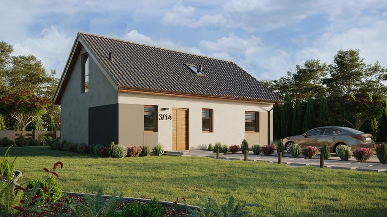 ERDOL 1 XL - Version Rechts (Wohnzimmer auf der rechten Seite) - Satteldach mit Dachgeschoss -Dachneigung 35 Grad - Treppe im Wohnzimmer - Dachfenster für Zimmer und Badezimmer - Bodentiefe Fenster im Dachgeschoss - Styropor, Netz, Kleber - Goldene Eiche - Ohne