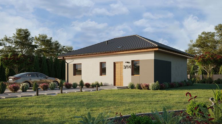 ERDOL 1 XL - Version Links (Wohnzimmer auf der linken Seite) - Walmdach ohne Dachgeschoss- Dachneigung 25 Grad - Starres Tunneldachfenster - Standard - Styropor, Netz, Kleber - Goldene Eiche