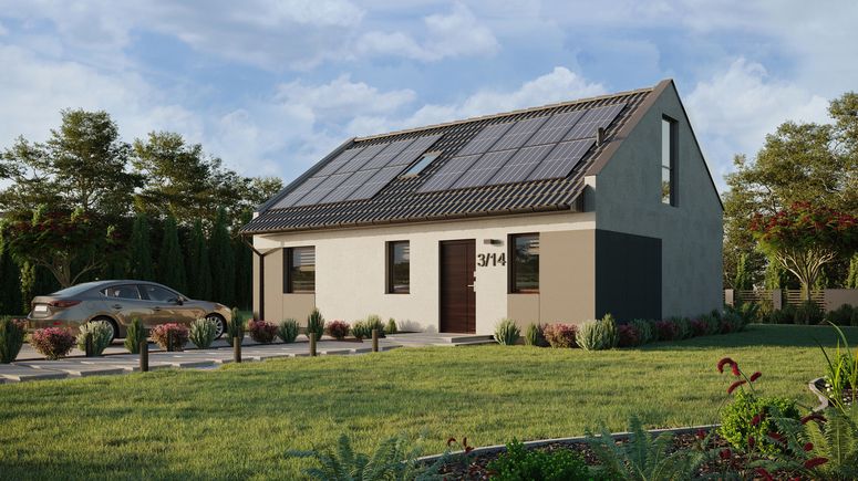 ERDOL 1 XL - Version Links (Wohnzimmer auf der linken Seite) - Modernes Satteldach mit Dachgeschoss -Dachneigung 35 Grad - Treppe im Wohnzimmer - Dachfenster für Zimmer und Badezimmer - Balkontür im Esszimmer und Bodentiefe Fenster im Dachgeschoss - Styropor, Netz, Kleber - Nusbaum - Photovoltaik-Installation 6,4 kWp (16 Paneele)